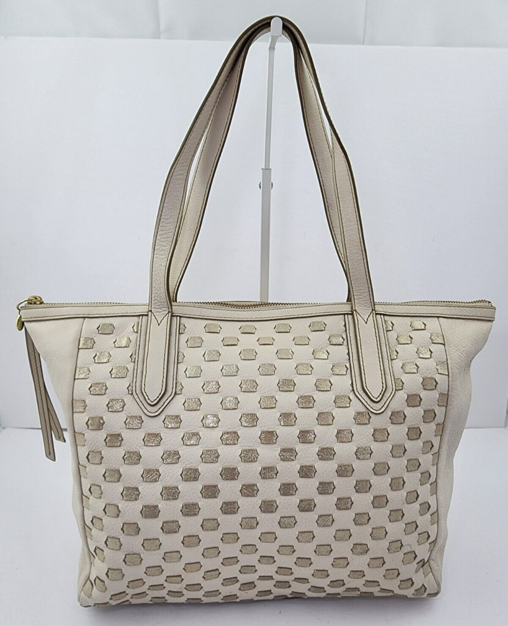 FOSSIL SYDNEY Off-White/Silver Woven Leather Carryall/Shopper Tote Bag Shoulder